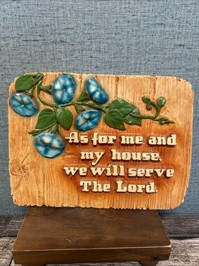 Vintage Chalkware Wall Plaque – Morning Glories & Bible Verse